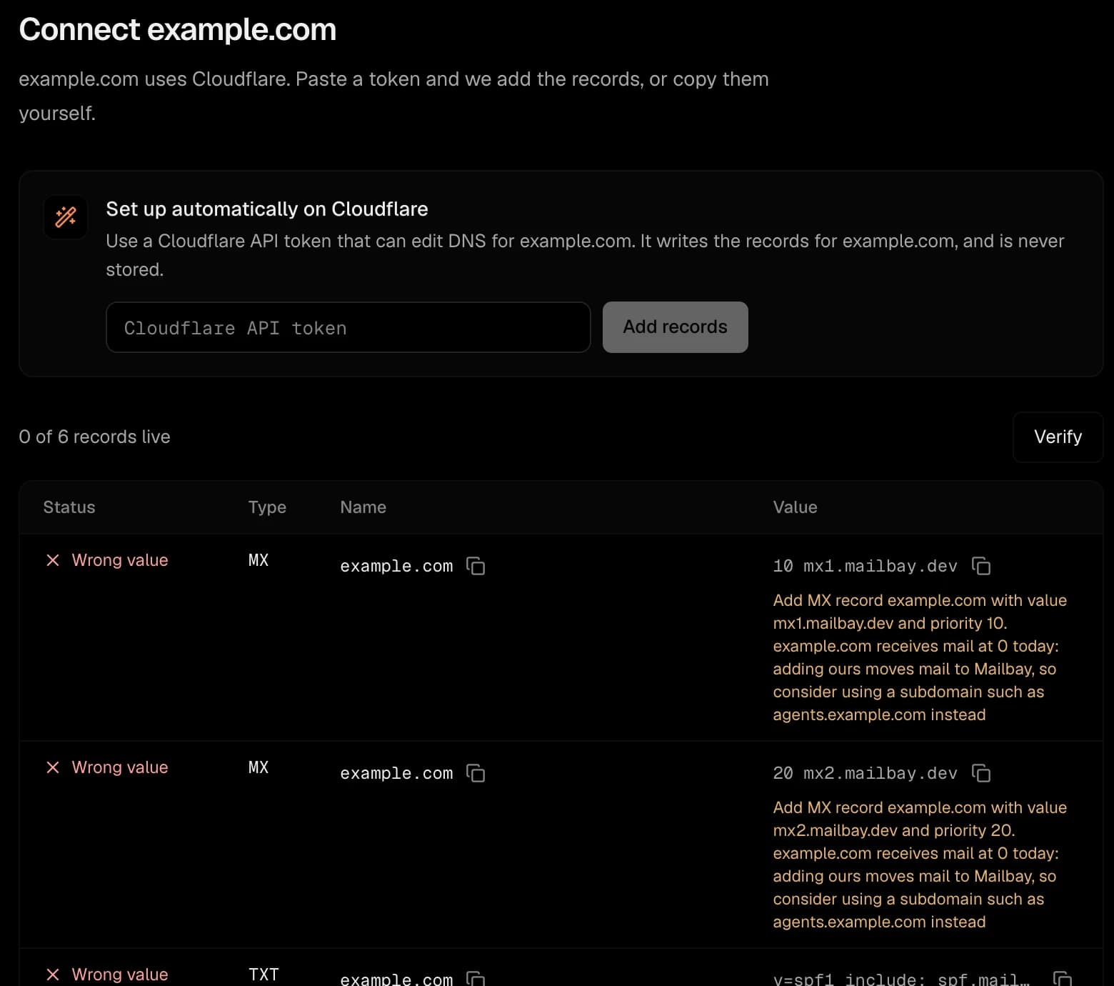 The Mailbay domain setup step listing the DNS records to publish for example.com, each with a live status and a plain language fix