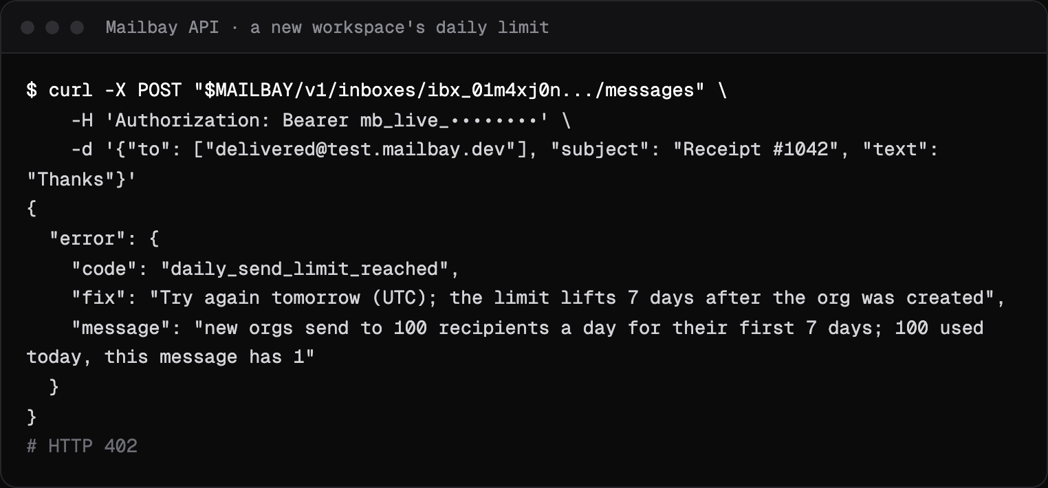 A Mailbay API response with error code daily_send_limit_reached, its message and the fix, for a workspace in its first week
