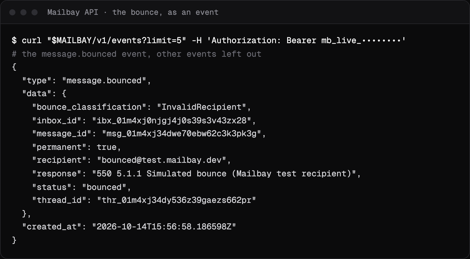 The message.bounced event from the Mailbay API, with response 550 5.1.1, permanent true and bounce classification InvalidRecipient